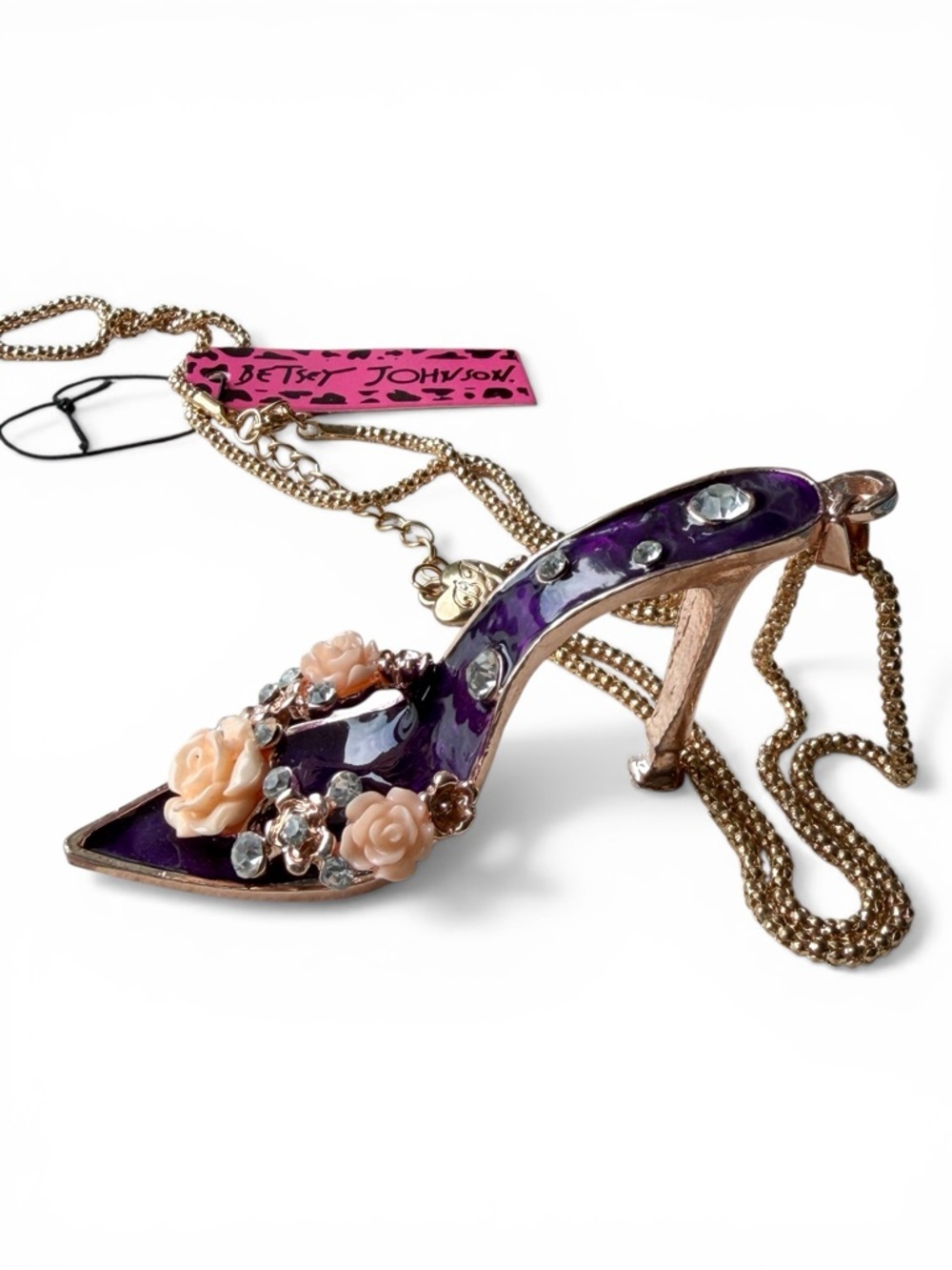 Betsey Johnson Purple Enamel Rose Crystal Mule Heel Pendant Necklace NWT​